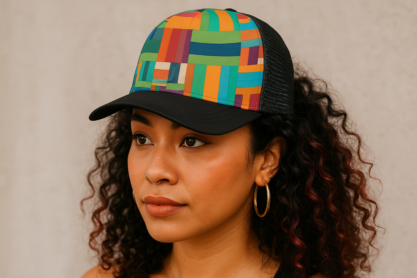 🧢✨ Bold Patchwork Trucker Hat – Multicolor Vibes 🌈🔥